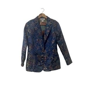 Vintage BFA Classics Blazer Womens Size 12 Blue Gold Floral Brocade Party Jacket